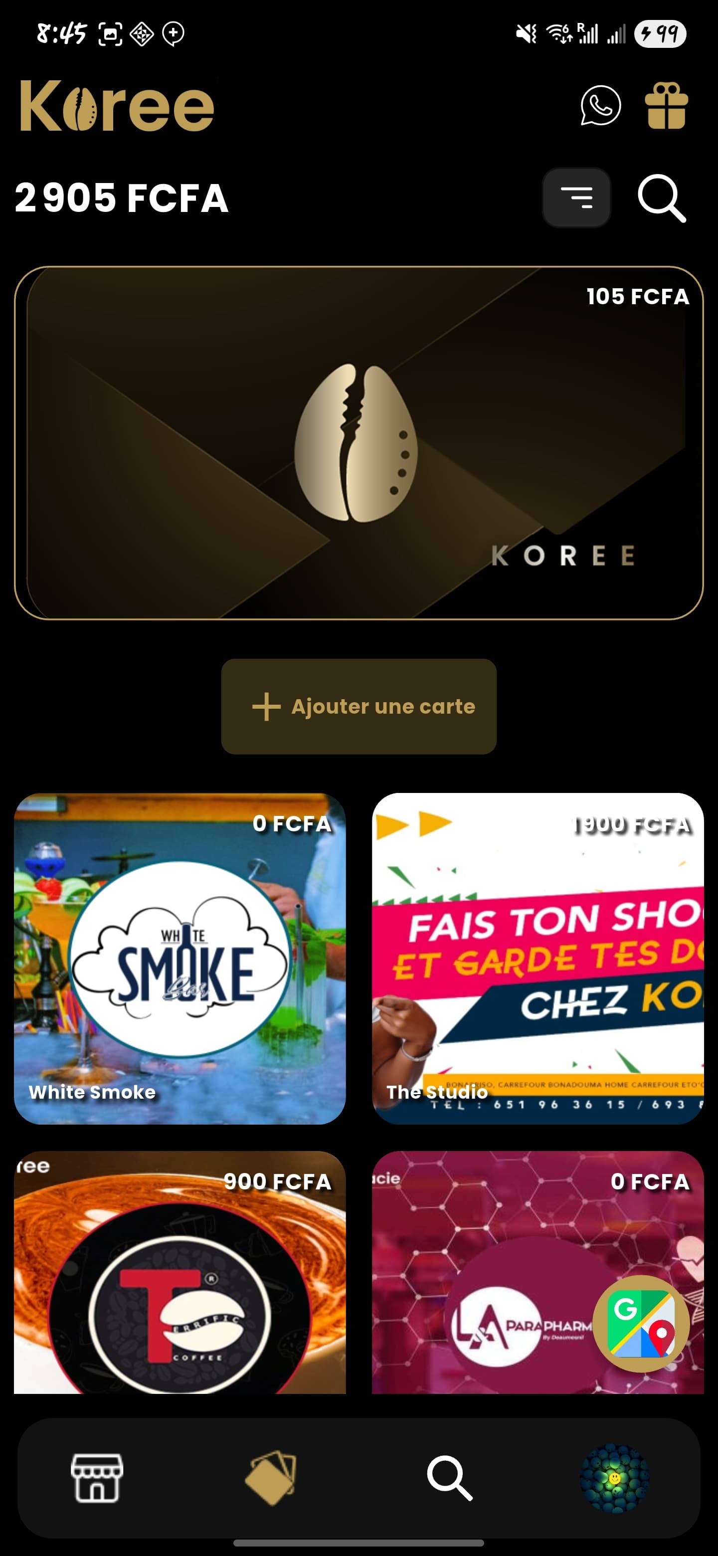 Accueil de Koree affichant les cartes de fidélité de plusieurs commerces