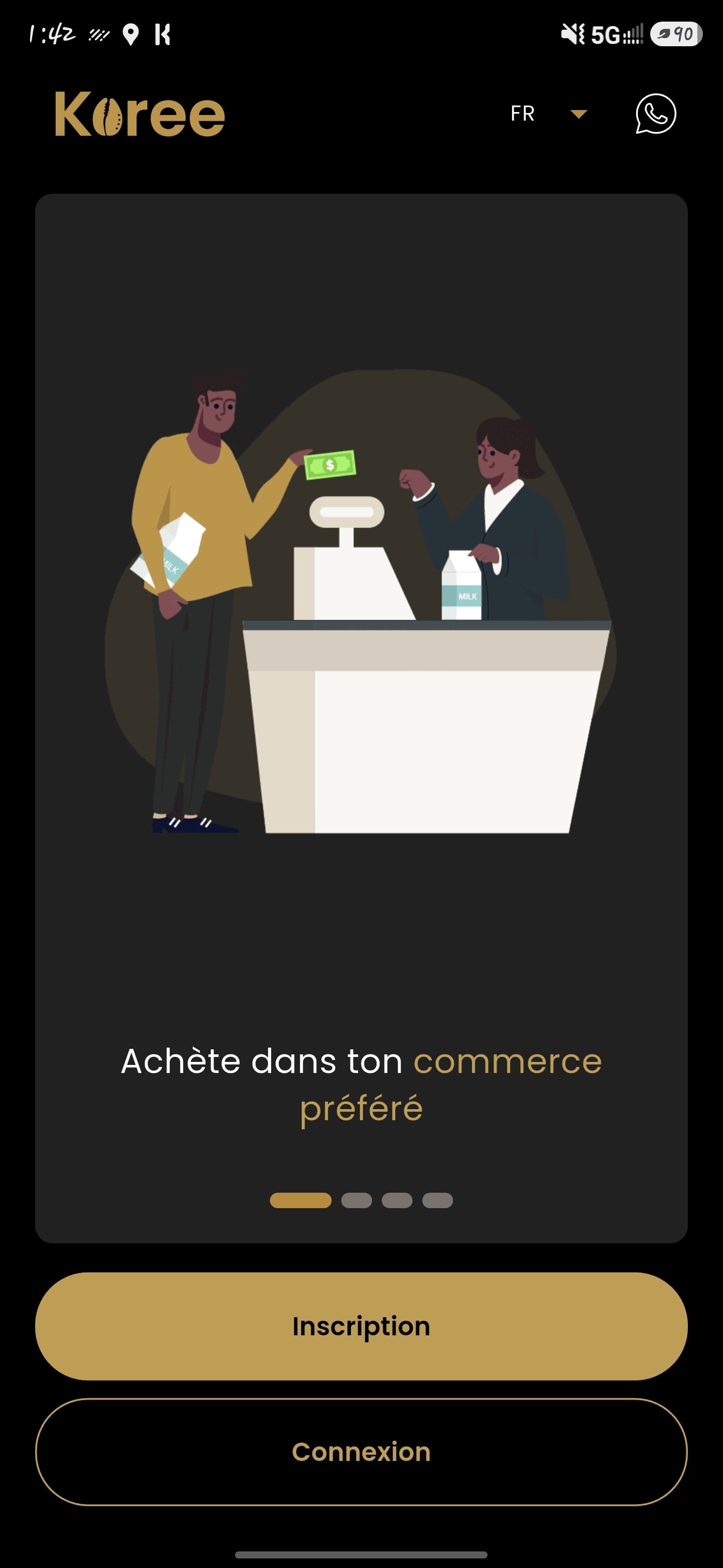 Écran d’accueil et d’inscription de l’application Koree