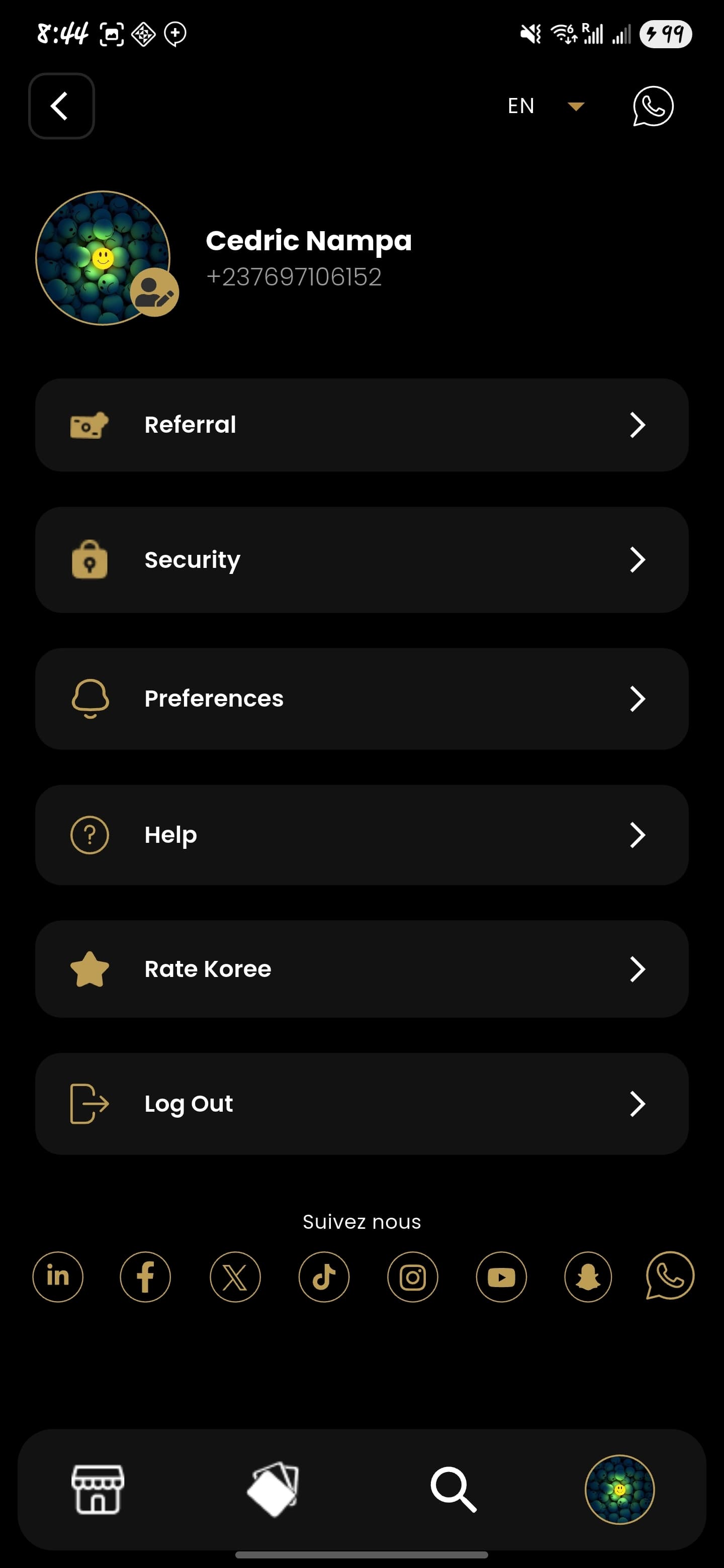 Écran des paramètres du compte dans l’application Koree